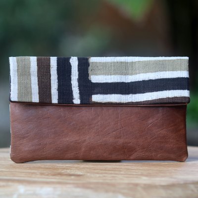 Leather accent cotton clutch handbag, Brown Java Tiger