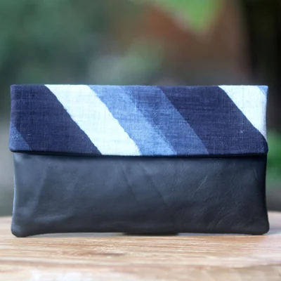 Leather and cotton clutch handbag, Blue Night Beach