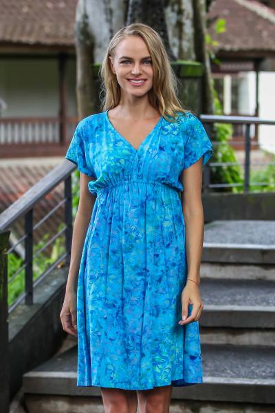 Batik rayon dress, 'Java Twilight' - Artisan Crafted Fresh Blue Batik Rayon Short Dress