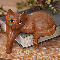 Wood sculpture, 'Watchful Ginger Cat' - Hand Carved Kitty Cat Sculpture in Medium Wood Finish
