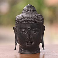 Bronze statuette, 'Buddha Head II' - Cast Bronze Buddha Head Statuette from Balinese Artisan