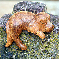 Wood sculpture, 'Sleepy Cocker Spaniel' - Sleeping Cocker Spaniel Puppy Sculpture Carved in Wood