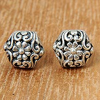 Sterling silver button earrings, 'Daisy' - Hexagonal Sterling Silver Button Earrings with Daisy Motif