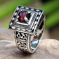 Garnet cocktail ring, 'Ayung Terraces' - Artisan Crafted Engraved Sterling Silver and Garnet Ring