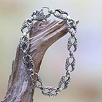 Sterling silver link bracelet, 'Fern Connection' - Hand Engraved Sterling Silver Link Bracelet from Bali