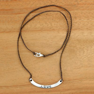 Sterling silver bar necklace, Love in Brown