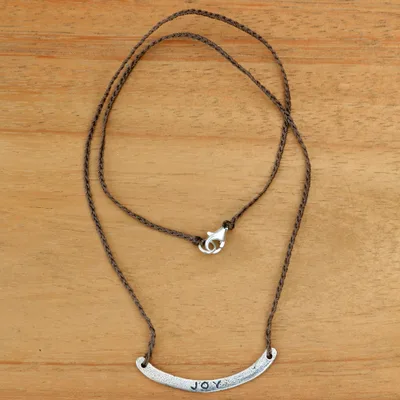 Sterling silver bar necklace, 'Joy in Brown' - Joy Inspirational Jewelry 925 Silver on Brown Cord Necklace