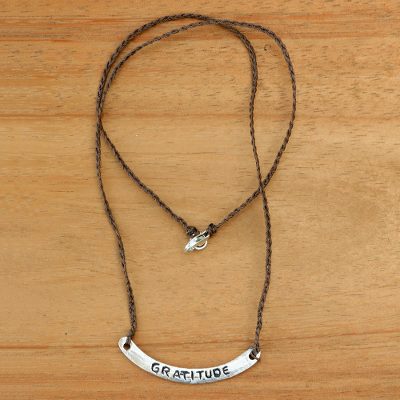 Sterling silver bar necklace, Gratitude in Brown