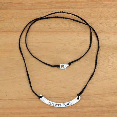 Sterling silver bar necklace, Gratitude in Black