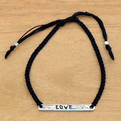 Sterling silver bar bracelet, Love in Black