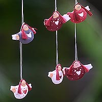 Wood ornaments, 'Red-headed Angels' (set of 6) - Set of 6 Red-Haired Wooden Angel Ornaments with Hearts