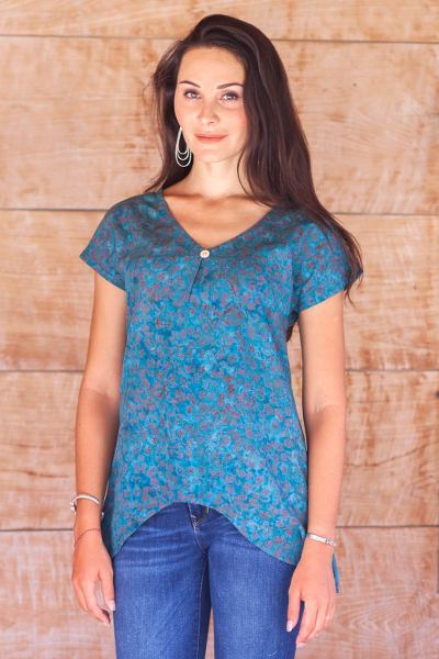 Rayon batik blouse, Teal Floral