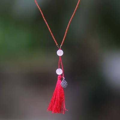 Rose quartz pendant necklace, Silver Lotus in Red