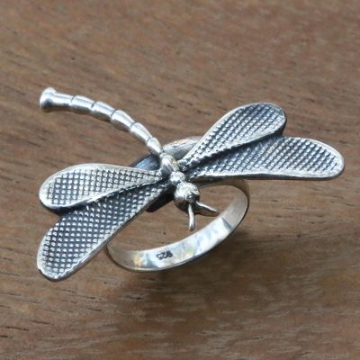 Sterling silver cocktail ring, White Dragonfly