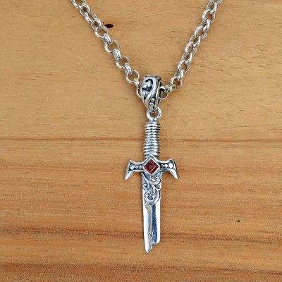 Mens garnet pendant necklace, Sword of Peace