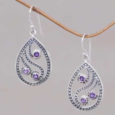 Amethyst dangle earrings, Peacock Feather