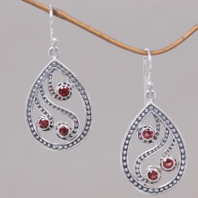 Garnet dangle earrings, Peacock Feather