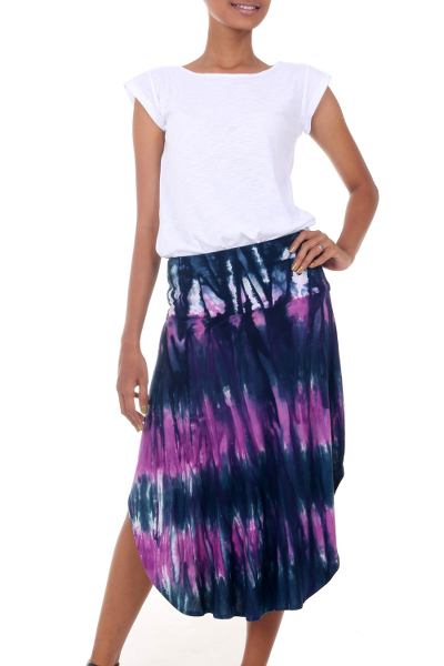 Rayon blend skirt, 'Twilight Amlapura' - Stylish Tie Dyed Rayon Blend Skirt with Hi Low Hemline