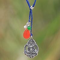 Silver chain link necklace with heart pendant - Hamsa Hand Lariat Necklace with Onyx Pearl and Quartz