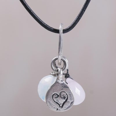 Rose quartz, opal and sterling silver charm necklace, Heartfelt Love