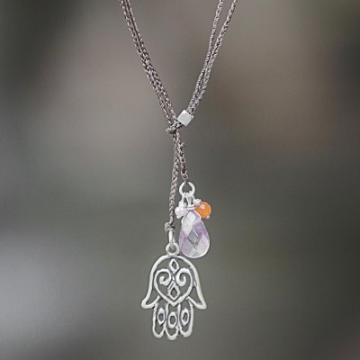 Sterling silver and multi-gemstone lariat necklace, Hamsa Hand