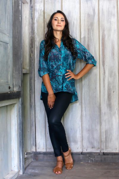 Rayon batik hi-low blouse, 'Turquoise Glyphs' - Rayon Batik Long Sleeve Turquoise Hi-Low Button Blouse