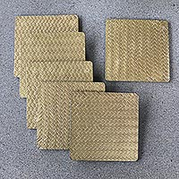 Wood and bamboo coasters Bamboo Weave in Gold set of 6 Indonesia