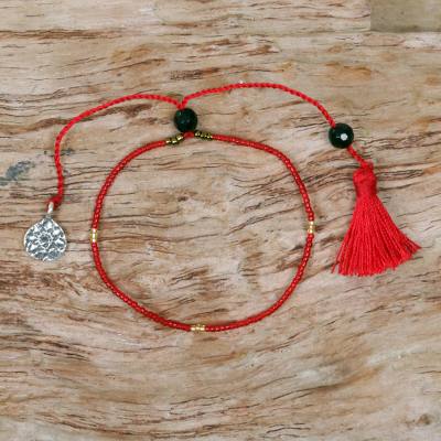 Onyx beaded bracelet, Red Lotus Charm