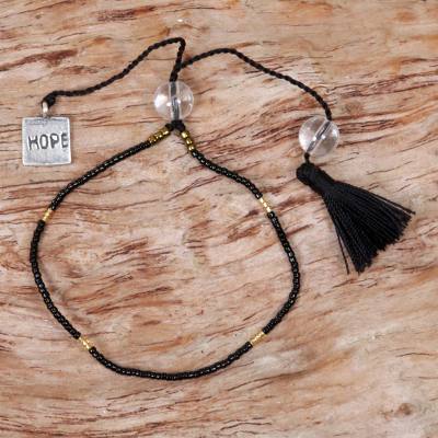 Quartz beaded bracelet, Hope Charm in Black