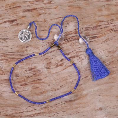 Quartz beaded bracelet, Silver Flower in Blue