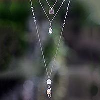 Rose quartz and cultured pearl triple pendant necklace,