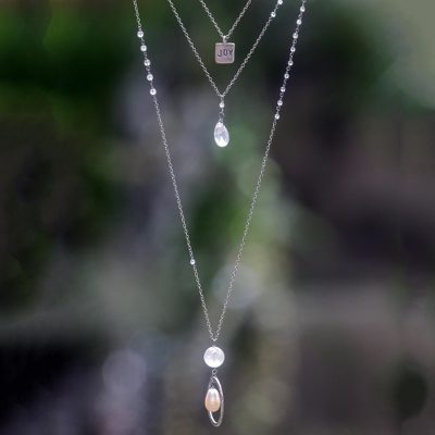 Rose quartz and cultured pearl triple pendant necklace, Gift of Joy