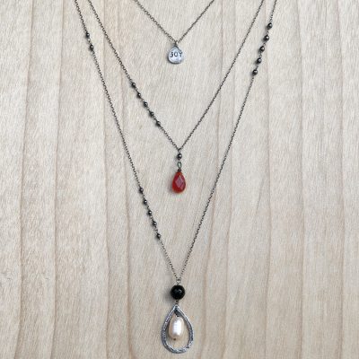 Multi-gemstone cultured pearl pendant necklace, Triple-Layered Joy