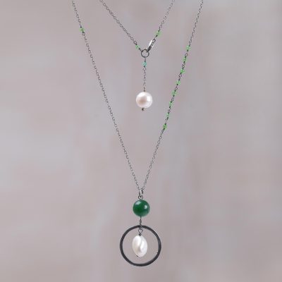 Cultured pearl and quartz long pendant necklace, Green Family