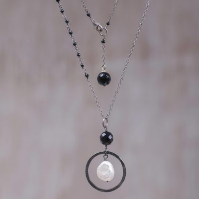 Cultured pearl and onyx pendant necklace, Source of Happiness