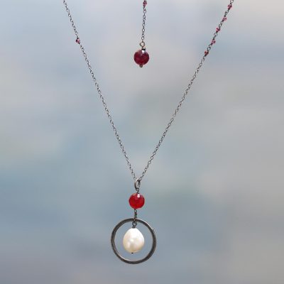 Cultured pearl pendant necklace, Red Rain