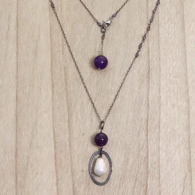 Amethyst and cultured pearl pendant necklace, Violet Dew