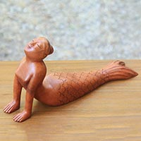 Signed Artisan Carved Mermaid and Yoga Theme Wood Sculpture,'Bhujangasana Mermaid'
