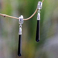 Onyx dangle earrings, 'Black Wand' - Artisan Crafted Onyx and Sterling Silver Dangle Earrings