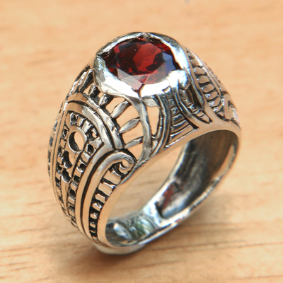 Sterling Silver Domed Ring with Faceted Red Garnet - Denpasar Temple