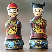 Mahogany wood toothpick holders Bride and Groom pair Indonesia