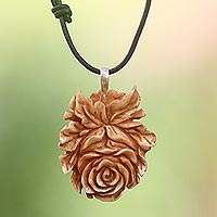 Cow bone and leather pendant necklace, 'Brown Rose' - Handmade Floral Cow Bone Pendant on Leather Cord Necklace