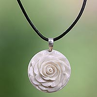 Cow bone and leather pendant necklace, 'Glorious Rose' - Artisan Crafted White Rose Pendant on Leather Cord Necklace