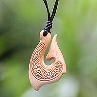 Bone pendant necklace, 'Traditional Fishing Hook' - Hand Made Cow Bone Pendant Necklace from Indonesia