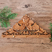 Wood coat rack, 'Lotus Pond' - Hand-Carved Balinese Suar Wood Coat Rack with Lotus Design