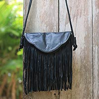 Leather shoulder bag, 'Night Rain' - Boho Chic Black Shoulder Bag with Long Fringe from Bali