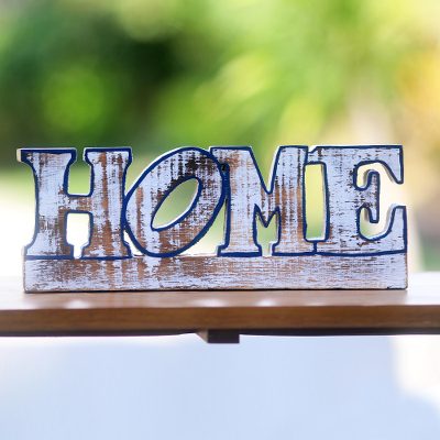 Wood sculpture, 'Blue Indiana Home' - Rustic Home Wood Sculpture from Bali