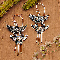 Blue topaz dangle earrings, 'Balinese Pagoda' - Balinese Sterling Silver and Blue Topaz Dangle Earrings