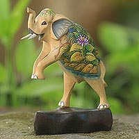 Wood statuette, 'Morning Happiness I' - Hand-carved Crocodile Wood Elephant Statuette from Indonesia