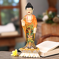 Wood statuette, 'Buddha Bless You' - Balinese Hand Painted and Hand Carved Wood Buddha Statuette